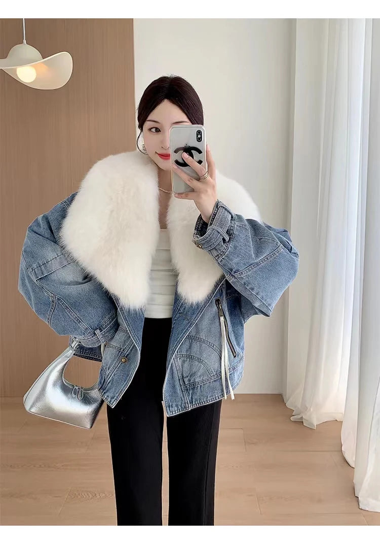 Denim Oversized 100% Real Fox Fur Collar Short Women's Goose Down Puffer Jean Jacket