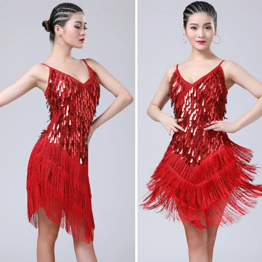 Sparkling Sequined Tassel Fringe Detail Salsa Samba Rumba Tango Latin Dance Flapper Dress