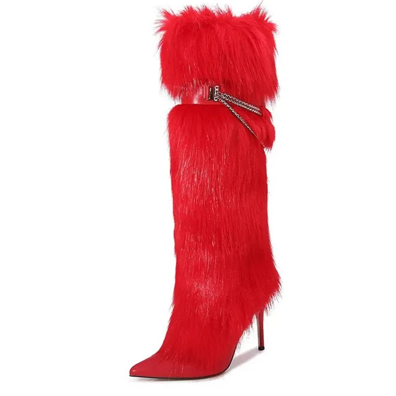 Shaggy Fur Stiletto Heel Pointed Toe Women's Knee-High Boots