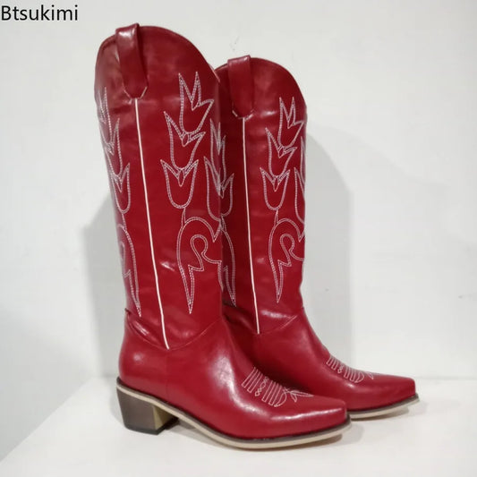 Embroidered Western Knee-High Women's Size Zipper Cowgirl Chunky Heel Platform Boots