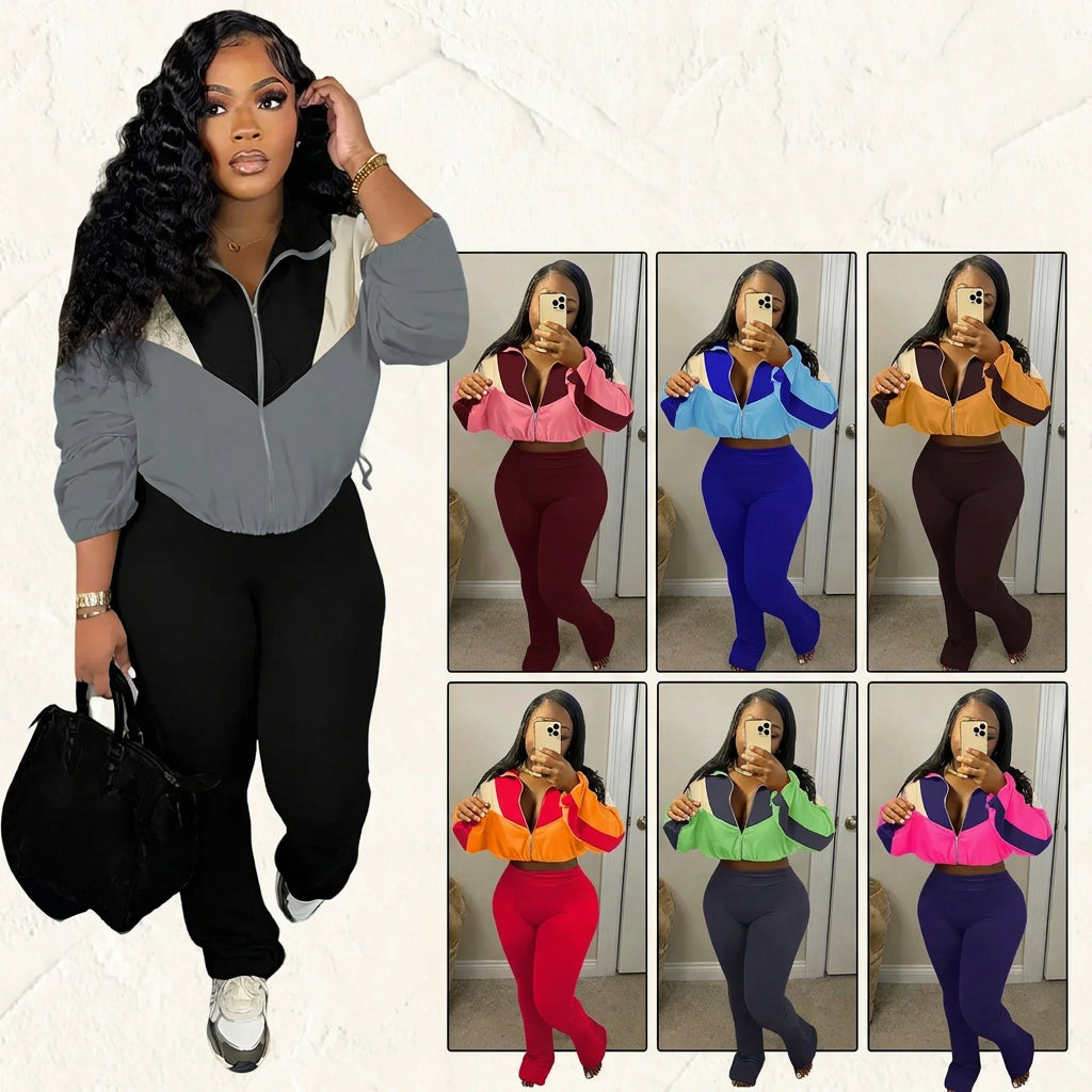 Velvet Striped Colorblock Women's Zipper Sports Jacket + Solid Sweatpants Tracksuit