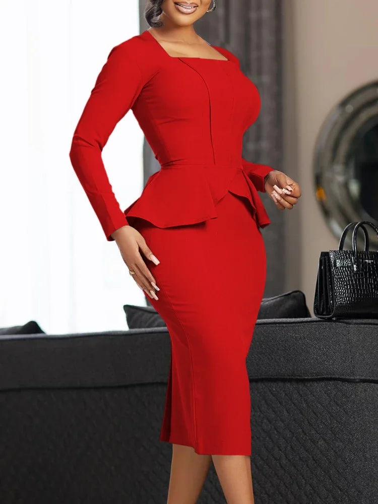 Ruffled Peplum Square Collar Long Sleeve Bodycon Midi Dress to 3X