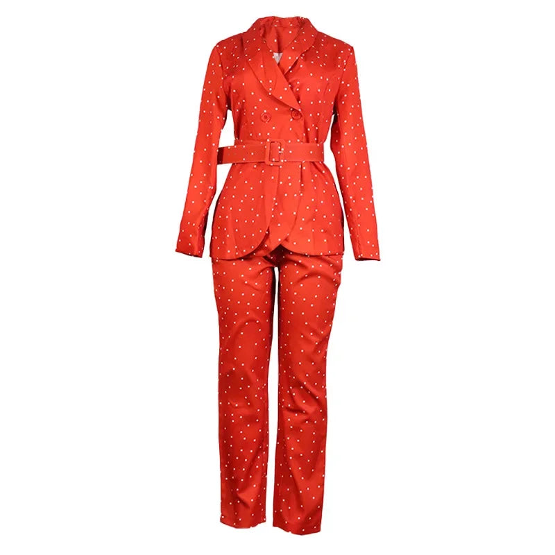 Polka Dot Long Sleeve Solid Blazer Jacket + Trouser Pants Women's Business Suit w/ Belt