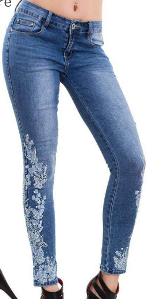 Crochet Embroidered Floral Denim Pencil Skinny Women's Jeans to 5X Plus