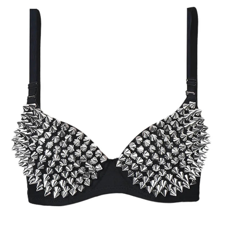 Black Leather Silver Spiked Stud Steampunk Bra