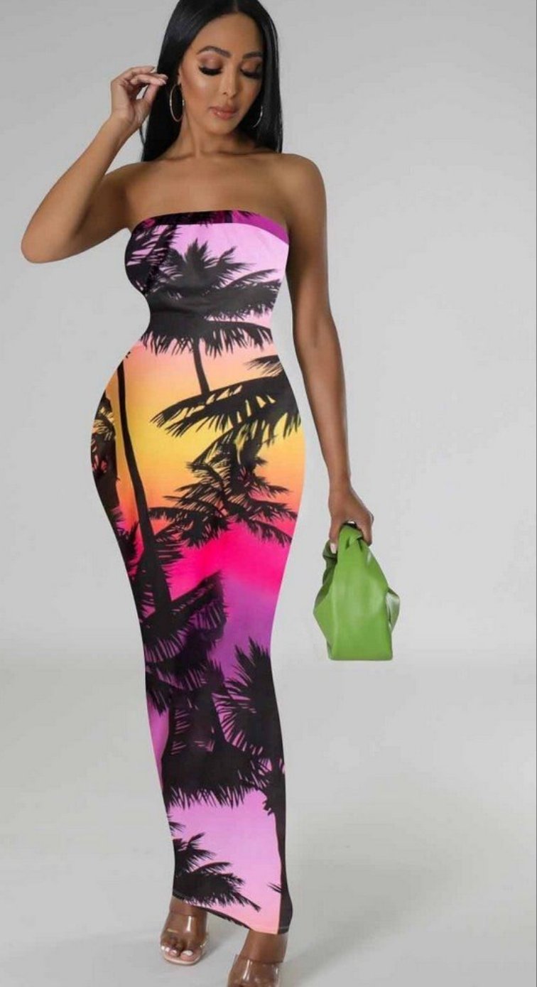 Tie-Dye/Tropical/Colorblock Sleeveless Tube Maxi Dress