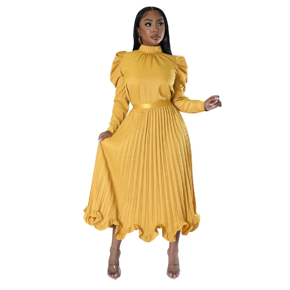 Women’s Solid Color O-Neck Lantern Sleeve Blouse + A-Line Flounce Formal Pleated Maxi Skirt w/ Sash Belt 2-Piece Set