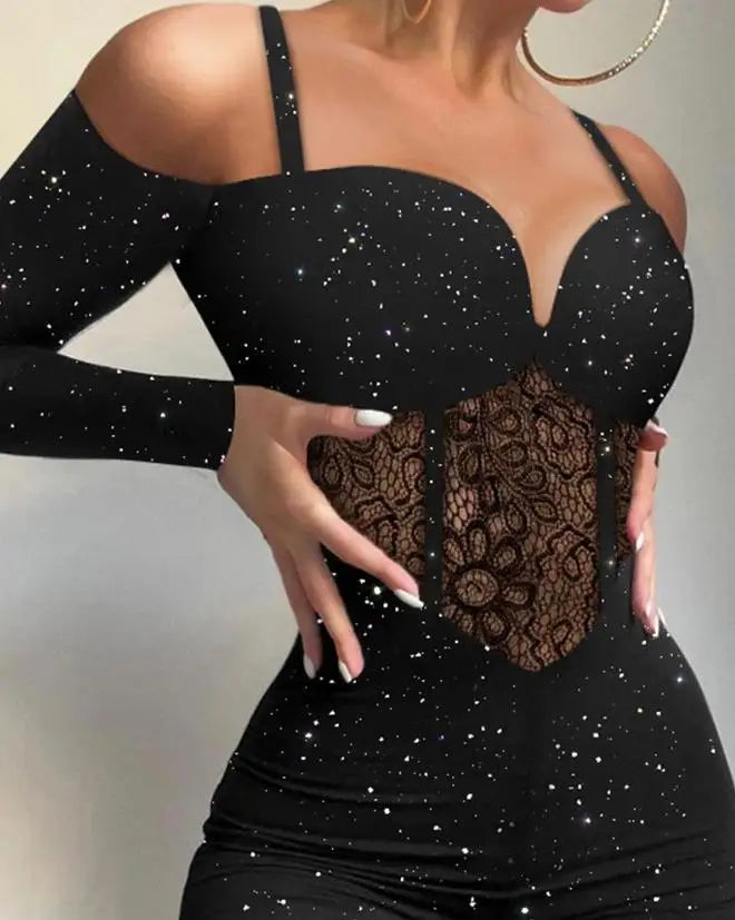 Glitter Cold Shoulder Long Sleeve Black Lace Corset Skinny Jumpsuit