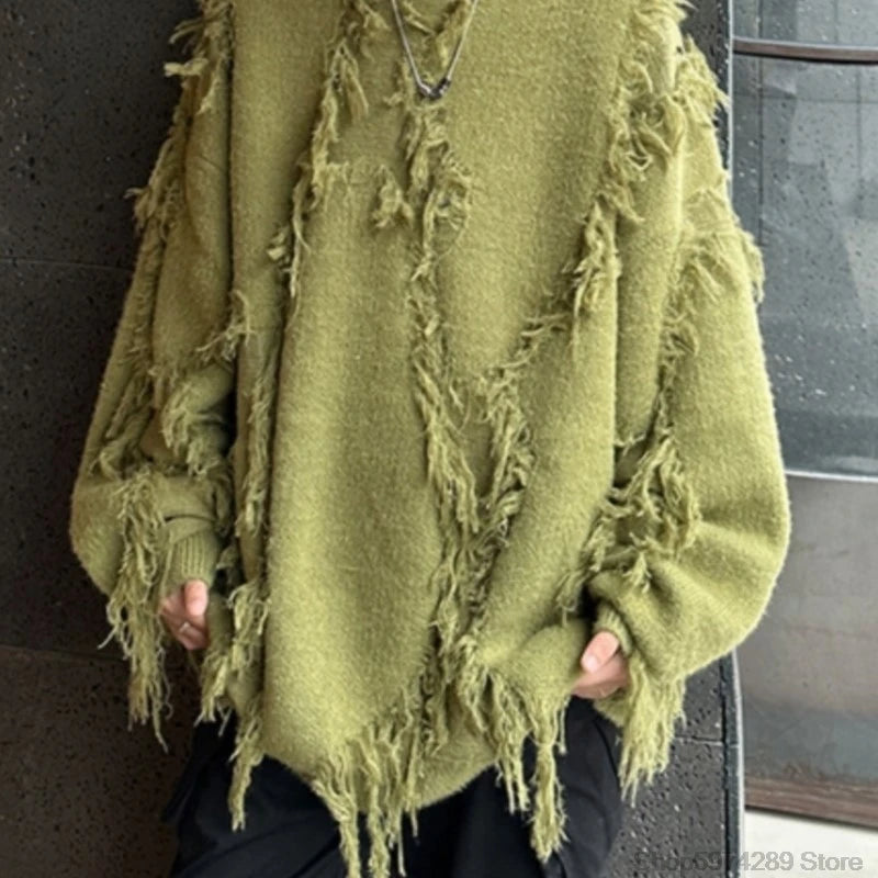 Men's Ripped Oversized Tassels Fringe Women's Streetwear Pullover Knitted O-Neck Sweaters