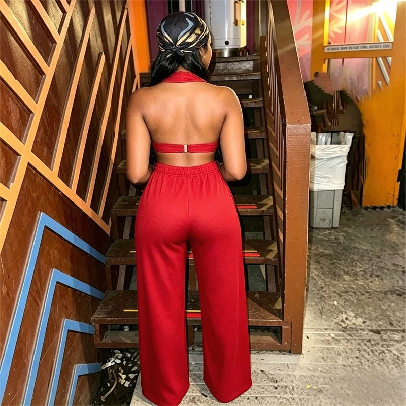Ringlet Design Backless Hollow-Out Halter V-Neck Crop Top + Matching Pants Women's 2-Piece Set