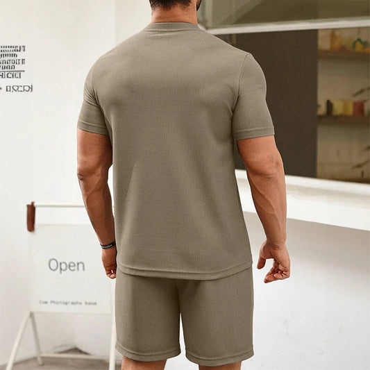 Men's Solid Color O-Neck Short Sleeve T-Shirt + Drawstring Shorts 2-Piece Set