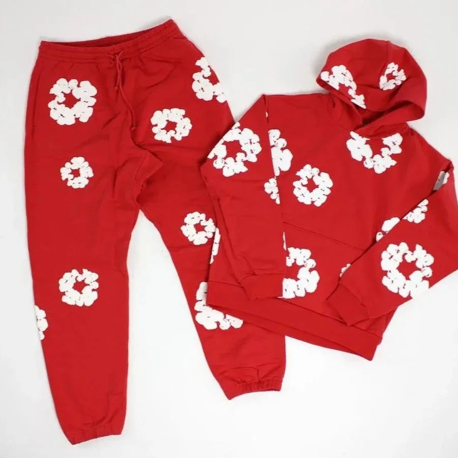 Men's Cotton Big Flower Print Hoodie Sweatshirt + Drawstring Sweatpants Tracksuit
