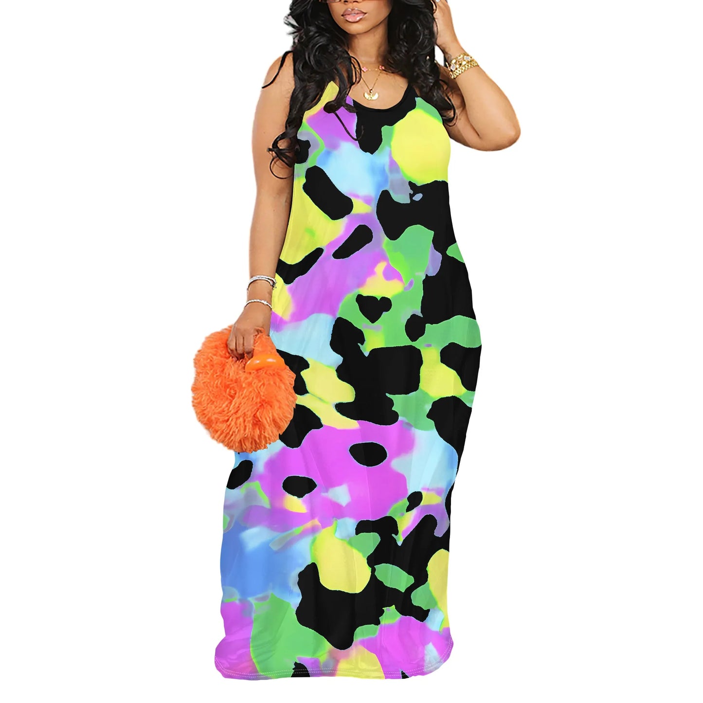 Camo/Tie-Dye/Plaid/Geometric/Colorblock/Rainbow Print V-Neck Spaghetti Strap Print Dress Maxi Dress to 3X Plus Size