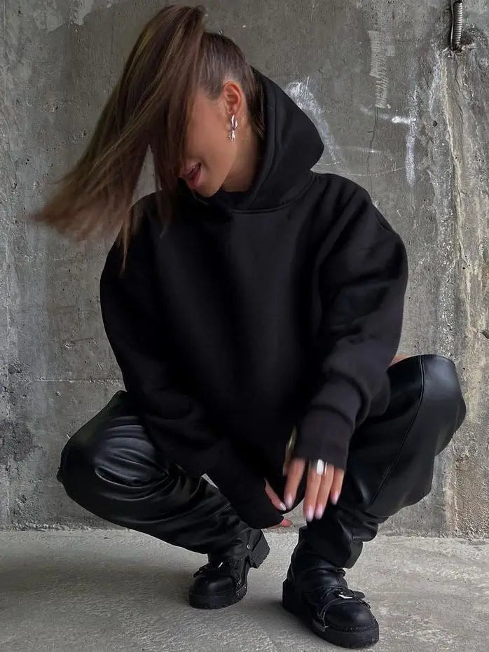 "F#@% OFF" Gothic Women's Black Punk Rhinestone Diamond Chain Tassel Oversized Sweatshirt Hoodie