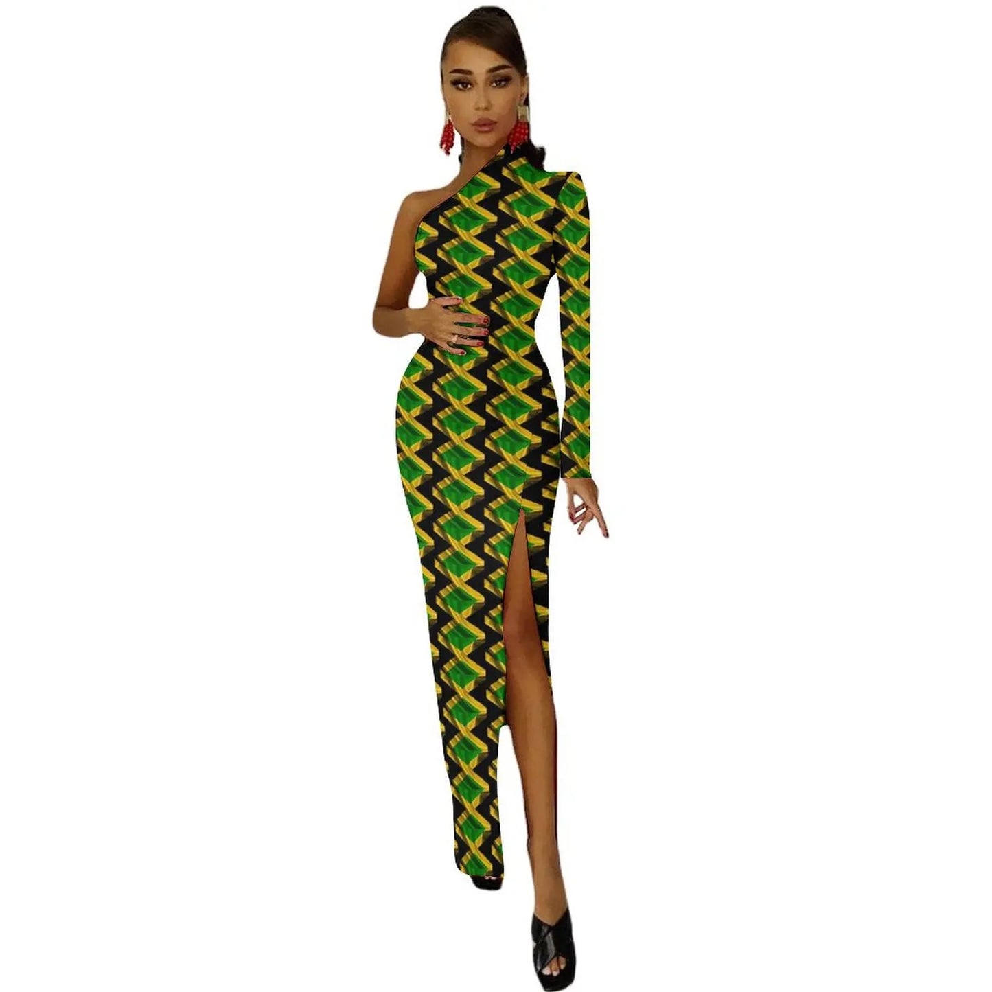 Jamaica Flag Colors Striped/Geometric/Camoflauge High Side Slit One Sleeve Streetwear Bodycon Maxi Dress