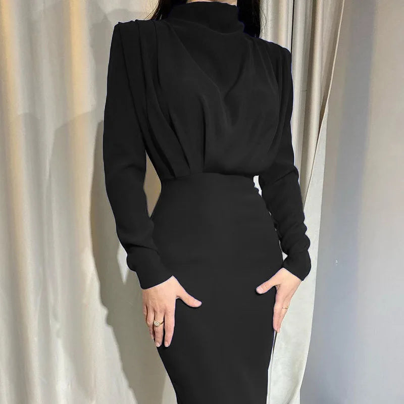 Turtleneck Ruched Solid Color Bodycon Long Sleeve Skinny Maxi Party Dress