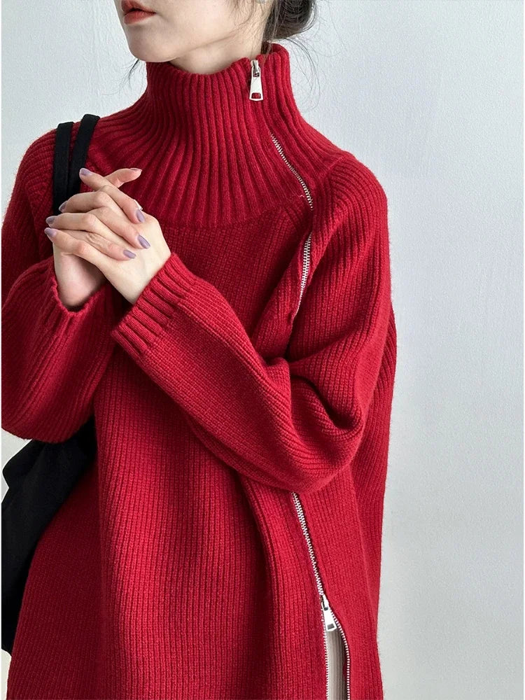 Solid Women's Turtleneck Zipper Oversized Sweater