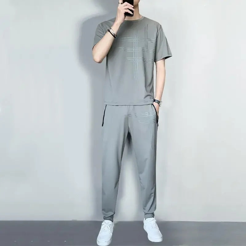 Solid Geometric Pattern Short Sleeve T-Shirt + Elastic Waist Pants Sets