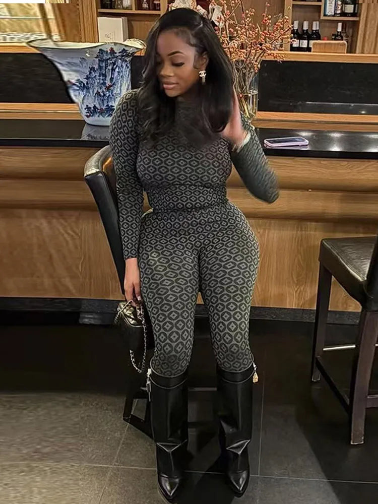 Geometric Monogram Black/Tan Contrast Print Women's O-Neck Long Sleeve Pullover Top + Skinny Leggings 2-Piece Set