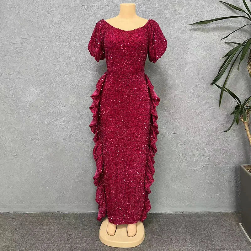 Off-the-Shoulder Sequin Bodycon Tiered Ruffle Evening Gown Formal Dress