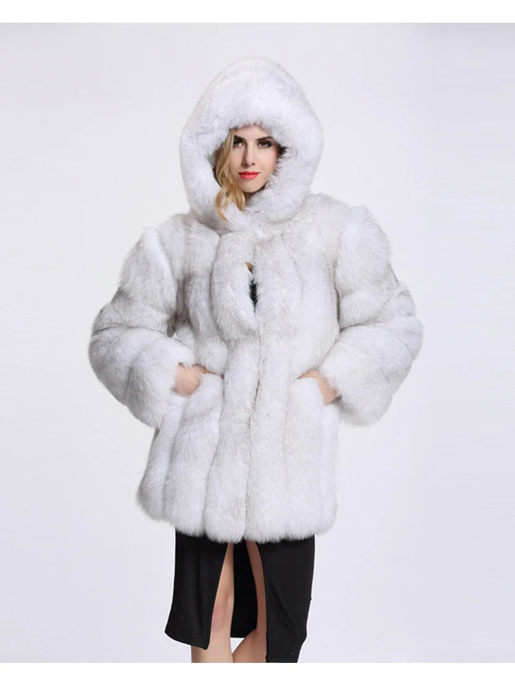 Silver Faux Fur Ladies Hooded Midi Coat to 4X