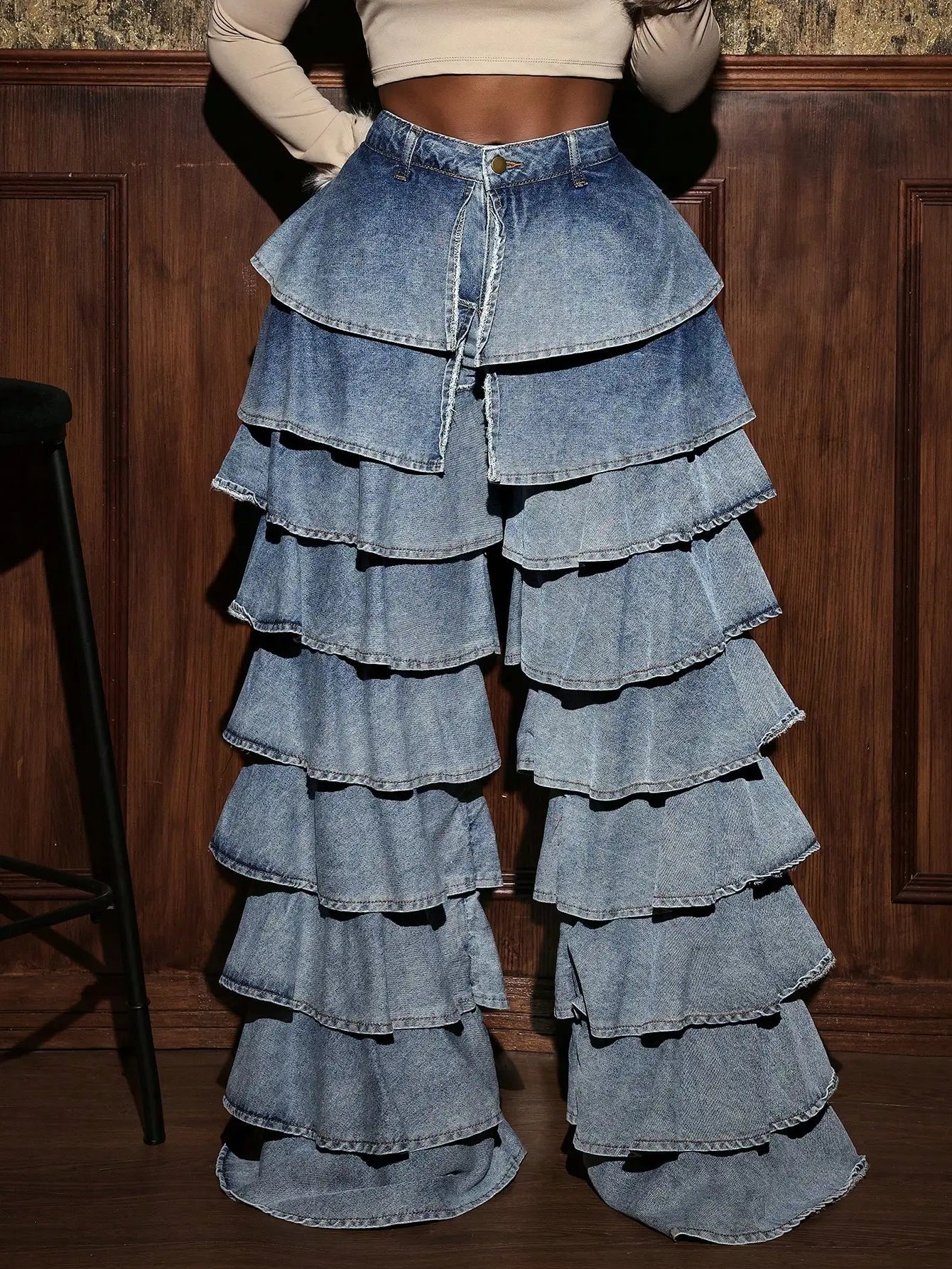 Denim Tiered Ruffled Layered Wide Leg Women's Streetwear Jeans