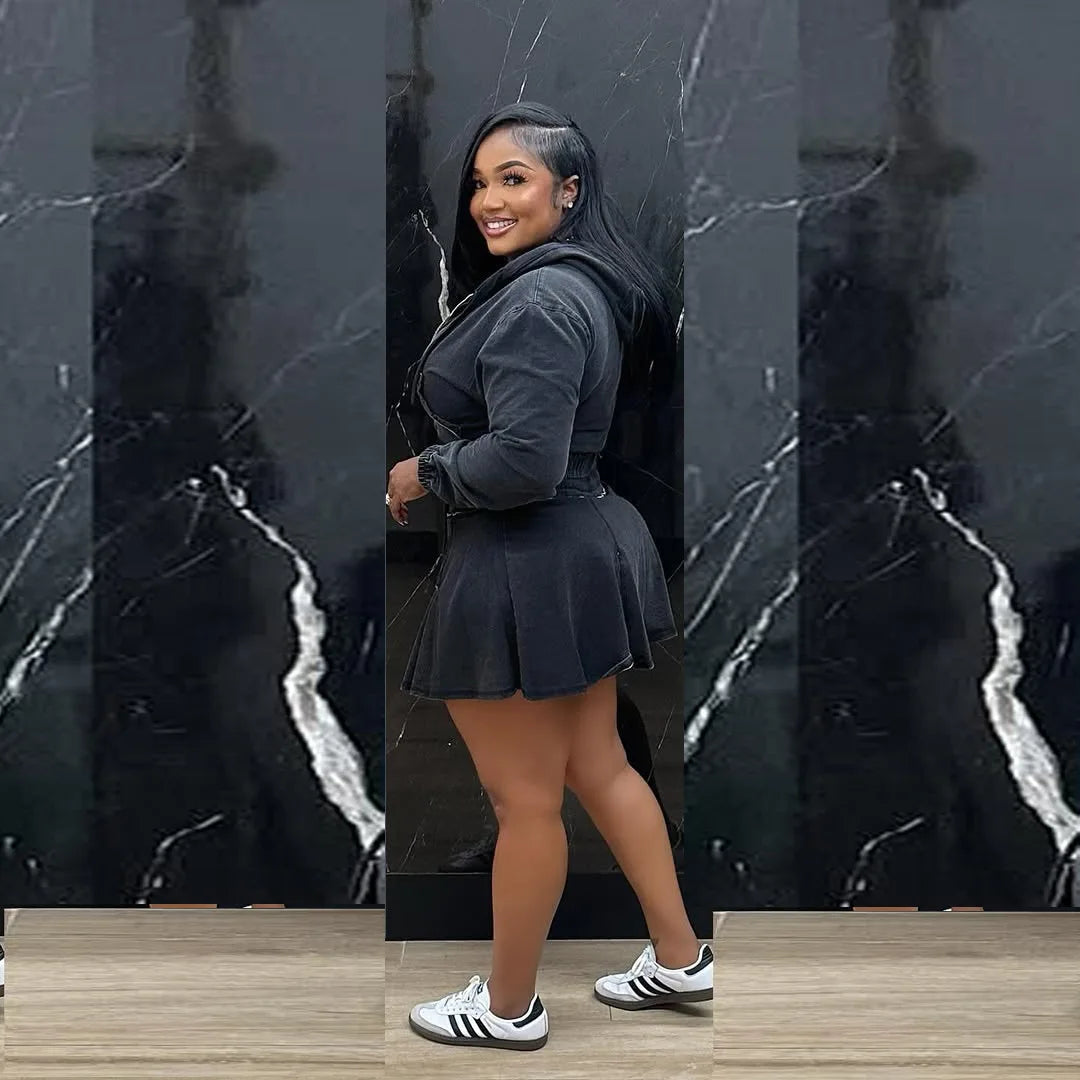 Faded Denim Women's Jean Hoodie Jacket + Pleated Mini Jean Skirt 2-Piece Set