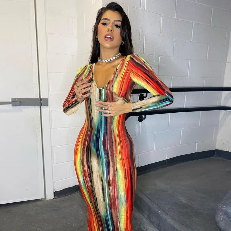 Sleeveless Tube Top Design/Long Sleeve Striped Colorblock Printed Bandage Skinny Maxi Dress