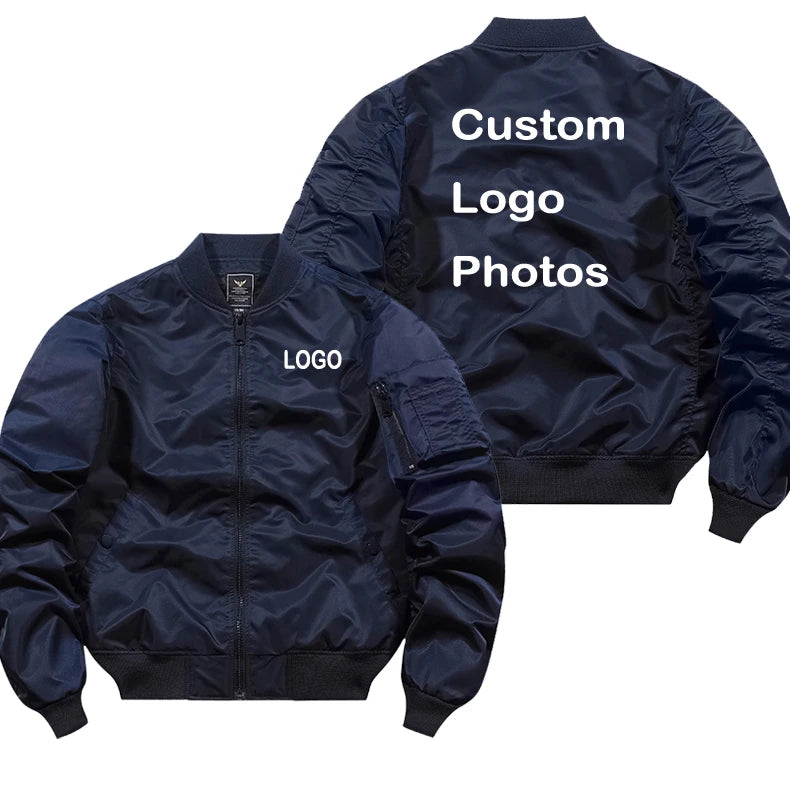 Men's Cargo Pocketed Customized Name/Logo Design Printed Zipper Bomber Jacket