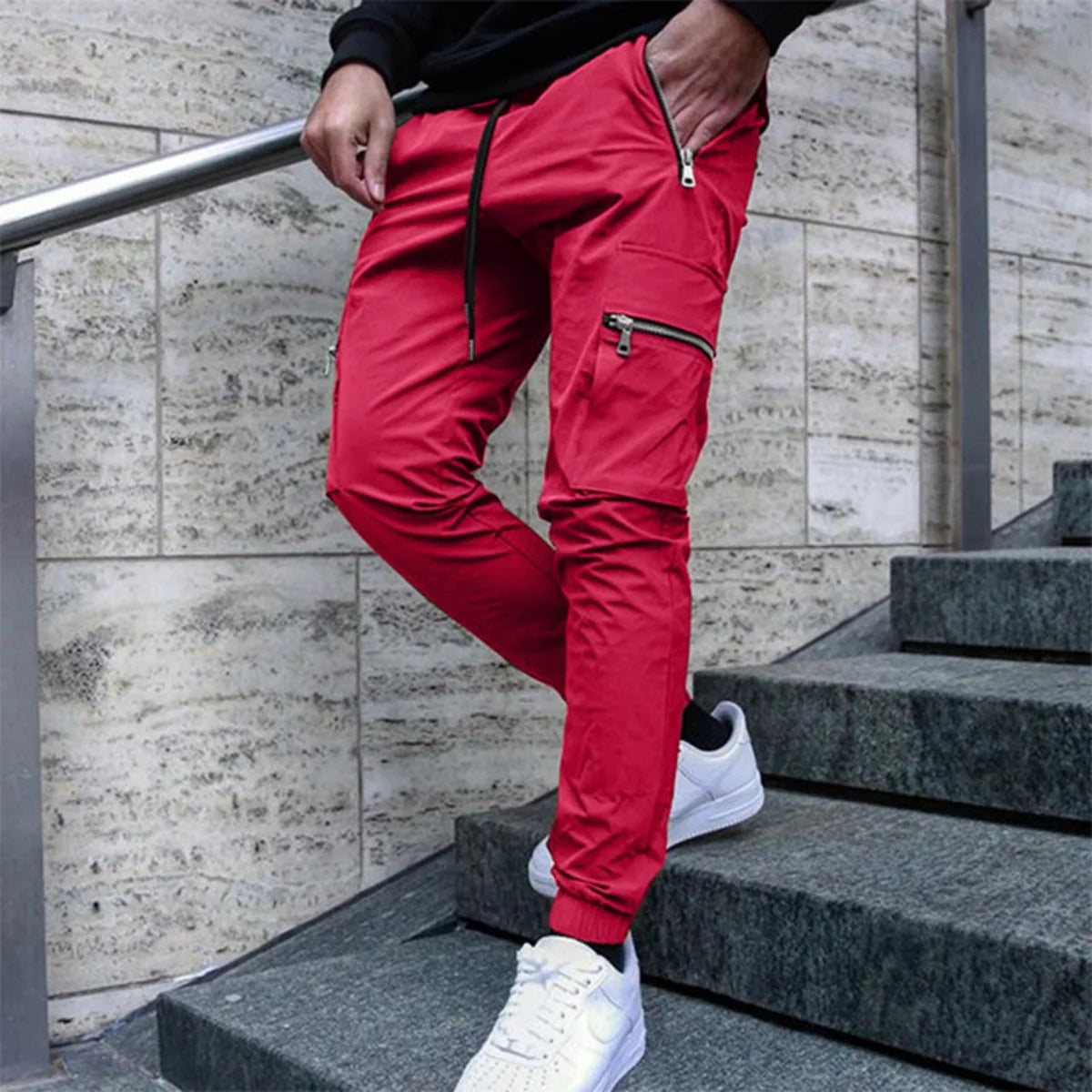 Men's Zipper Pocket Design Drawstring Solid Cargo Pants