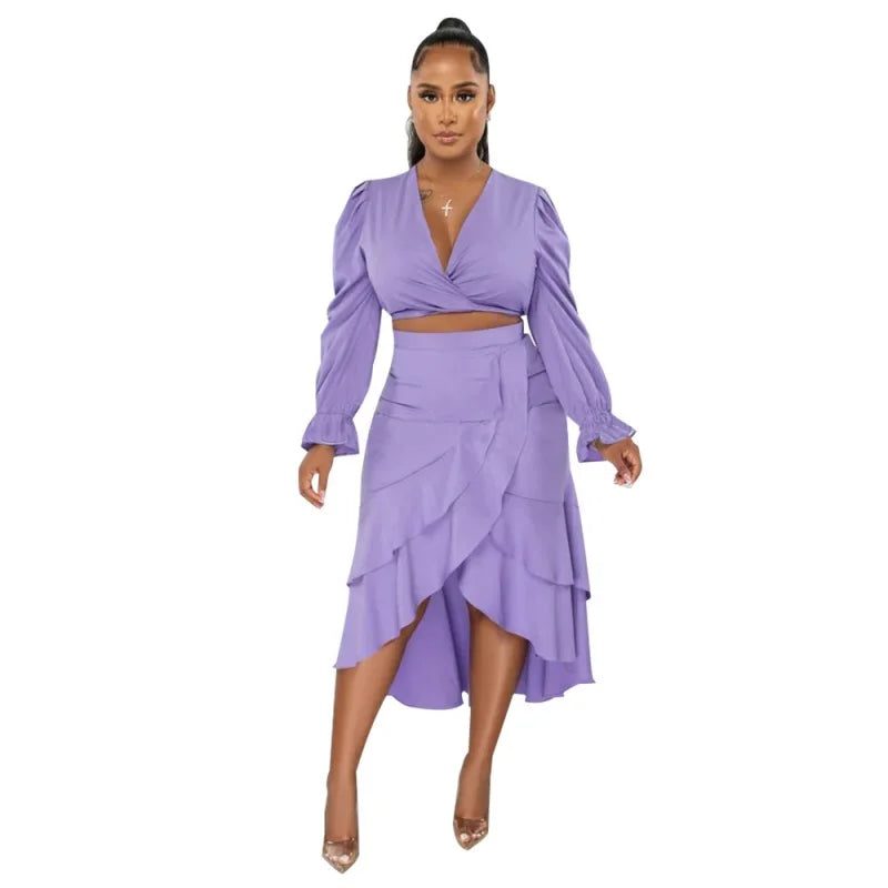 Ruffled Long Sleeve Crop Top + Slim Layered Midi Skirt Matching Set