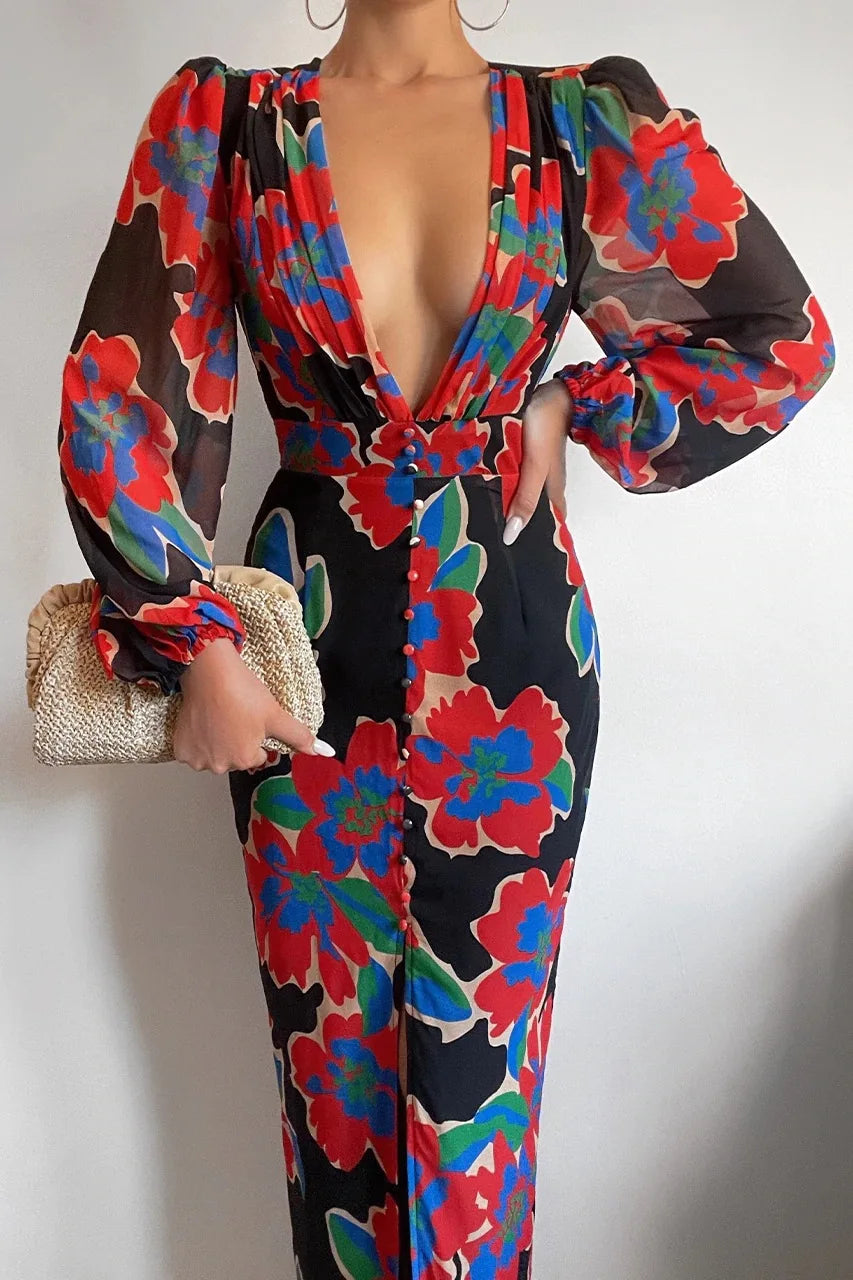 Assorted Leopard Floral Print Deep V-Neck Long Sleeve Maxi Dresses