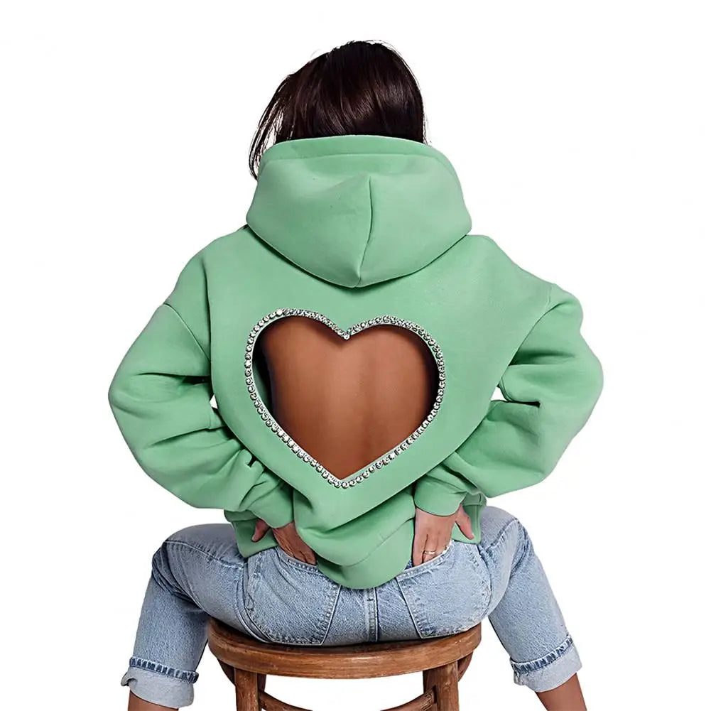 Heart Shape Ladies Backless Hollow-Out Rhinestone Pullover Solid Color Hoodie