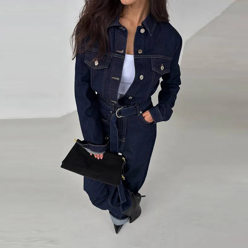 Denim Women's Button Front Turn-Down Collar Lace-Up Long Sleeve Wide Leg Streetwear Jumpsuit