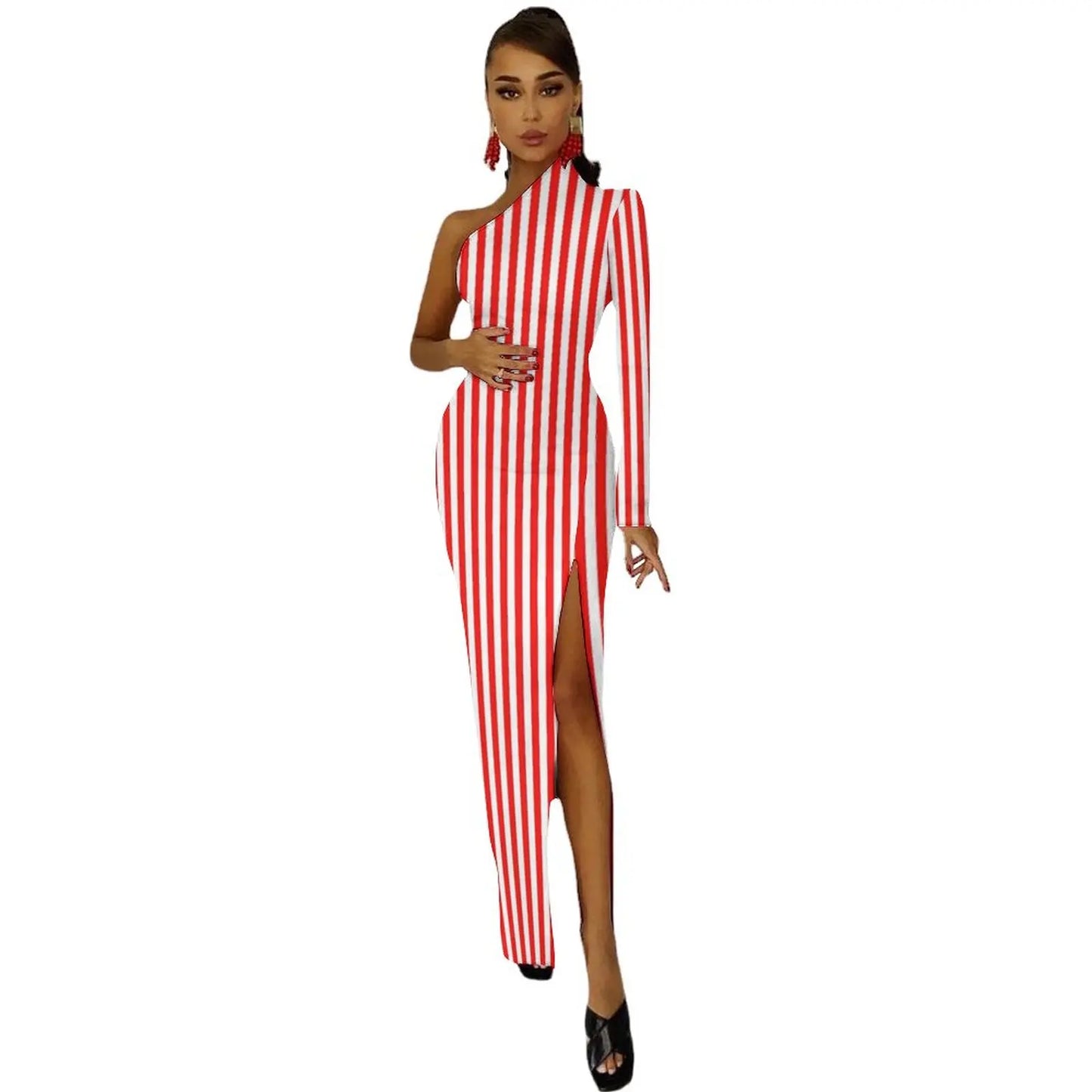 Striped/Rainbow Striped/American Flag Print One Sleeve Asymmetrical Bodycon Midi Dresses