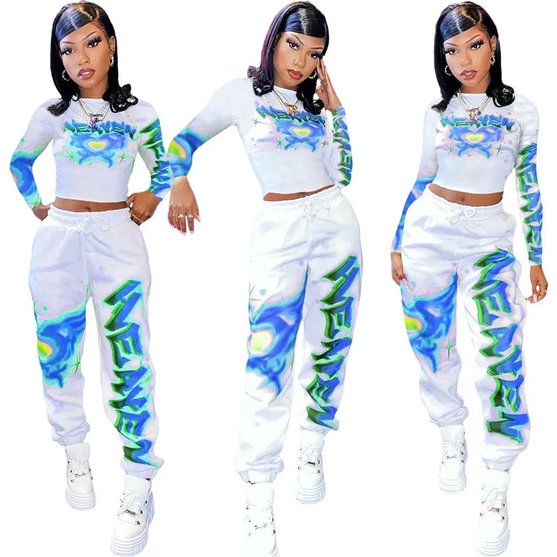 Grafitti Paint Graphic Print Long Sleeve Women's O-Neck Pullover Crop Top + Jogger Sweatpants 2-Piece Set
