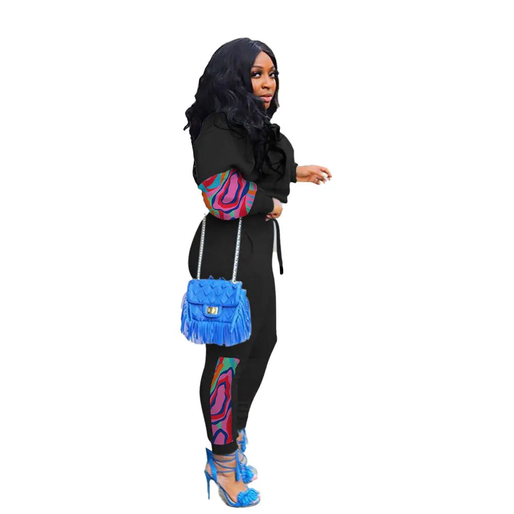 Colorblock O-Neck Temperament Geometric Commuter Patchwork Long Sleeve Spliced Contrast Top +Matching Pants 2-Piece Set to 3X Plus Size