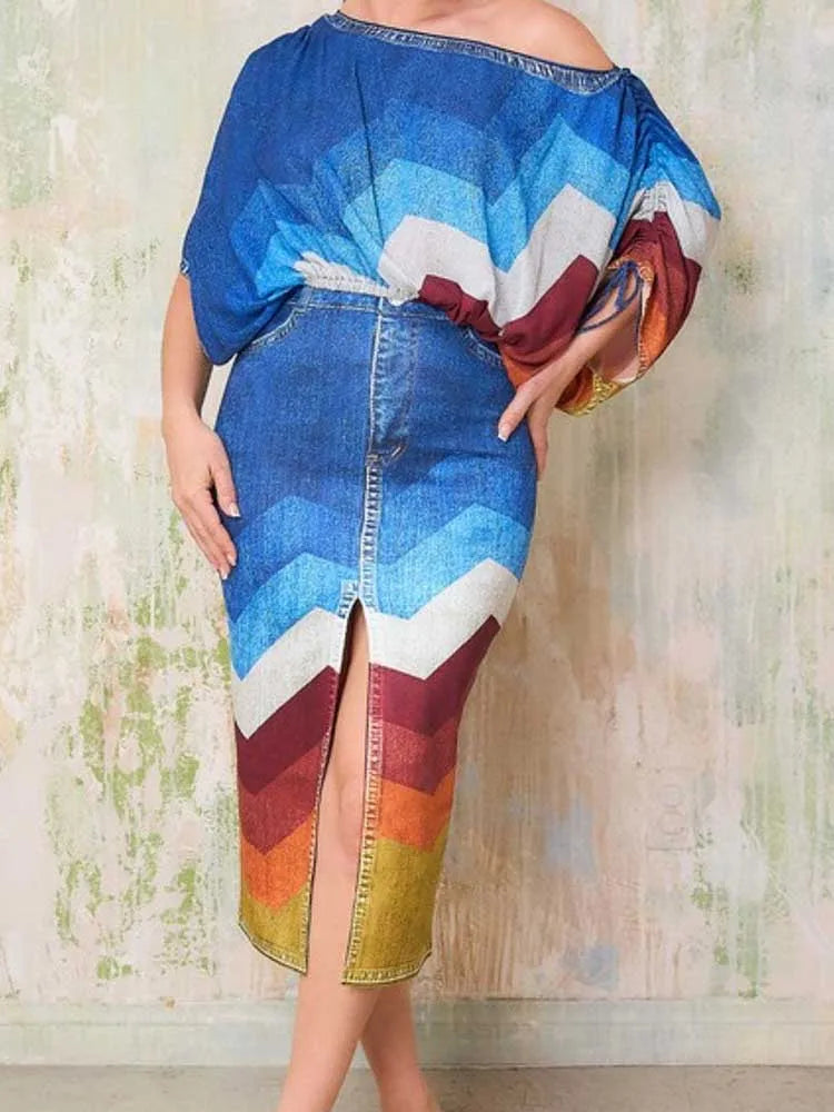 Mock Denim Striped Colorblock Slash Neck Women's Long Sleeve Crop Top + Open High Slit Skirt 2-Piece Set