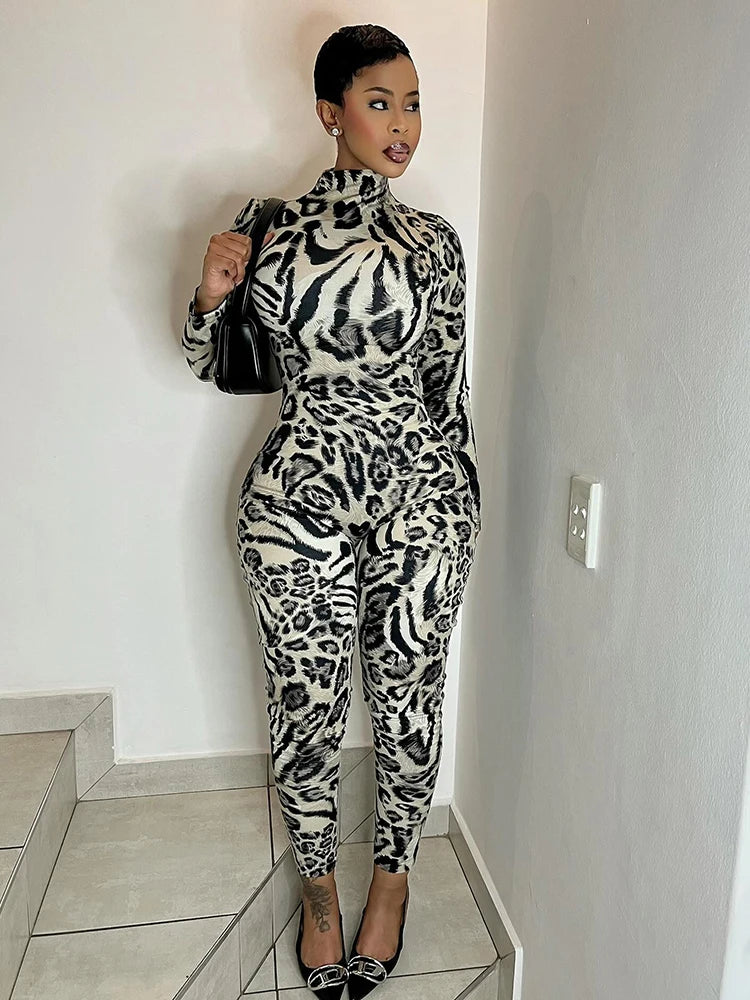 Black/Grey Leopard Print Turtleneck Long Sleeve Skin Tight Streetwear Jumpsuit