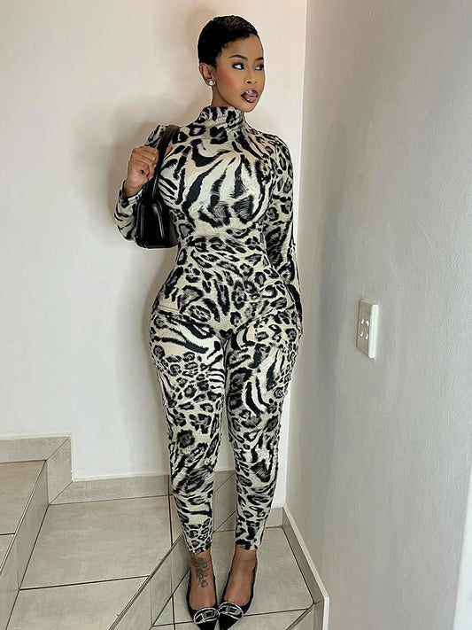 Black/Grey Leopard Print Turtleneck Long Sleeve Skin Tight Streetwear Jumpsuit