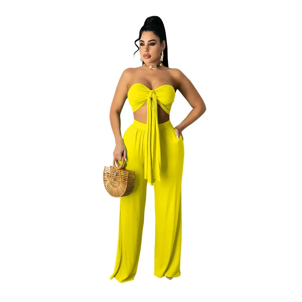 Strapless Hollow-Out  Hatler Neck Crop Top + Leggings Bodycon Solid Color Women's 2-Piece Set
