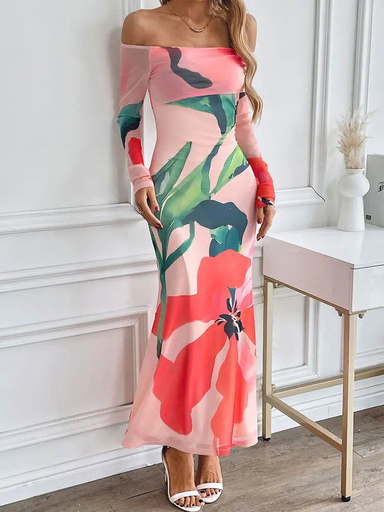 Pink Off-the-Shoulder Big Flower Print Long Sleeve Maxi Dress
