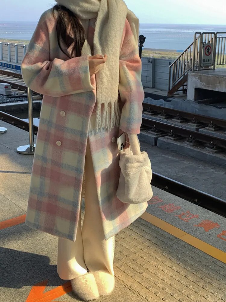 Rainbow Pastel Plaid Colorblock Print Women's Wool Loose Trenchcoat