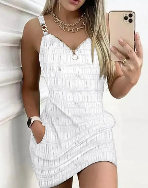 Sleeveless Solid Chain Strap V-Neck Zipper Design Textured Suspender Mini Dress