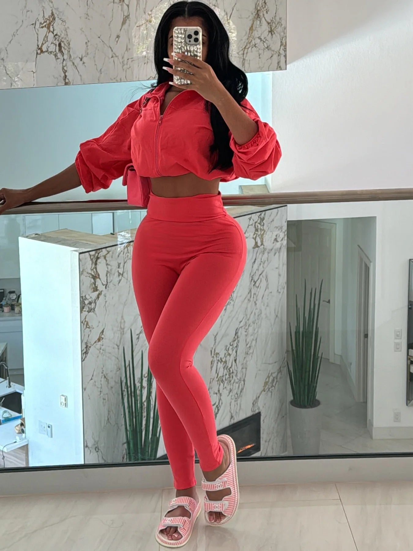 Pullover Women's Long Sleeve Drawstring Zipper Cropped Sweatshirt + Elastic Waist Leggings Tracksuit