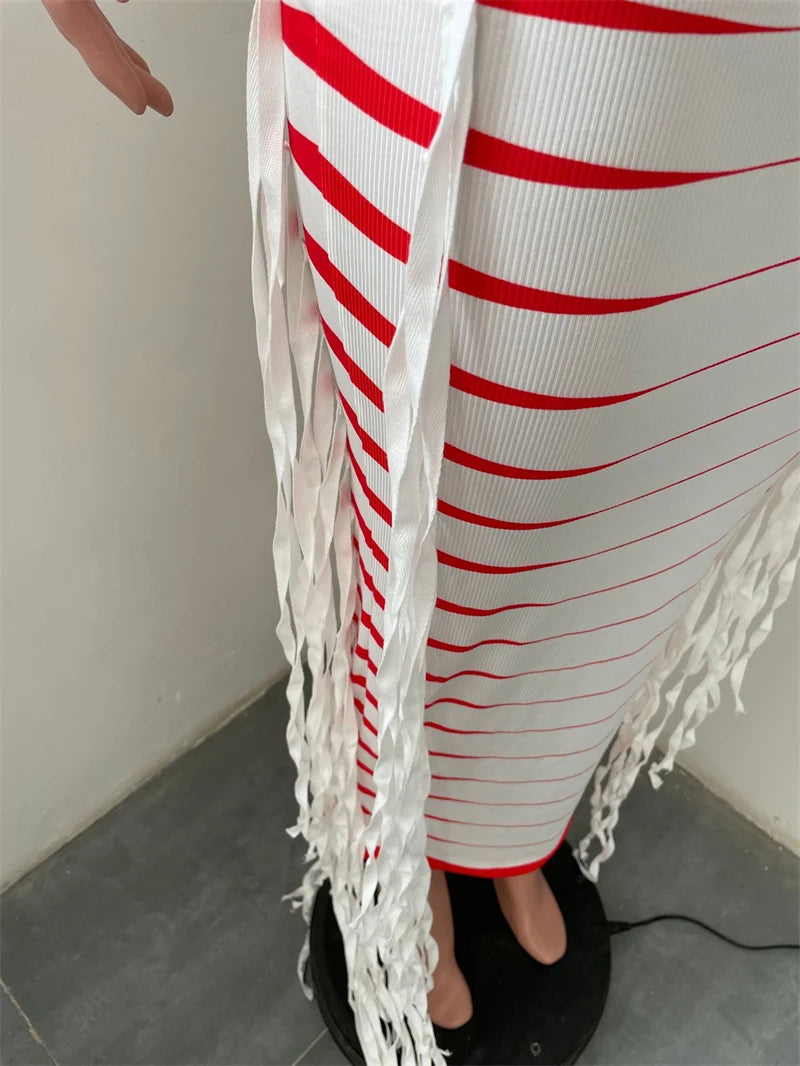 Striped Fringed Tassel Bodycon Sleeveless Party Maxi Dress