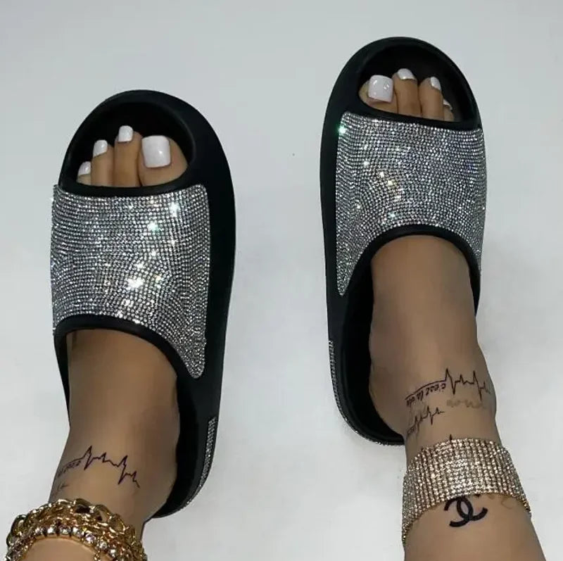 Rhinestone Glitter Sparkling Oversized Open Toe Ladies Flip Flop Sandals Slides