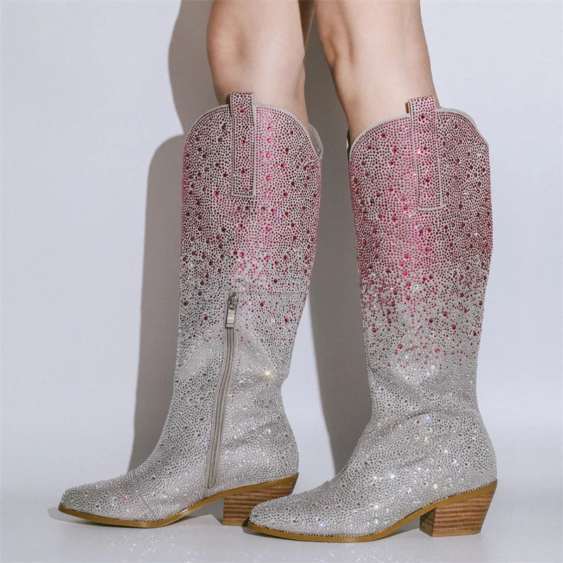 Rhinestone Silver/Hot Pink Gradient Glitter Ombre Pointed Toe Knee-High Western Cowgirl Block Heel Boots