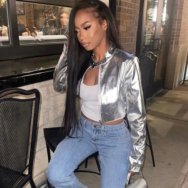 Silver Metallic PU Leather Stand Collar Women's Zipper Jacket