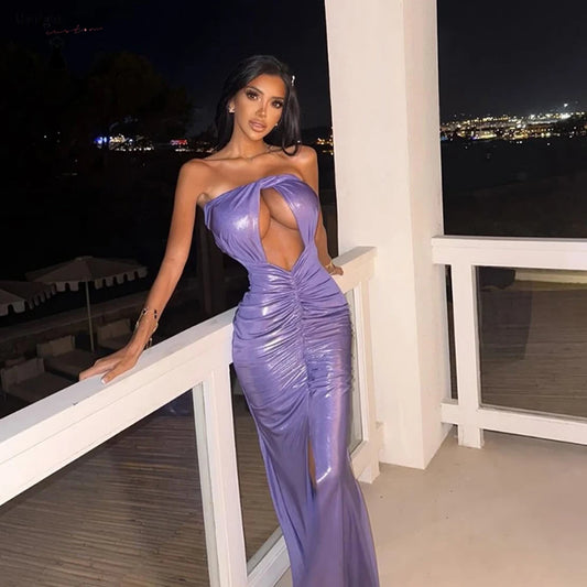 Purple PU Leather Sleeveless Mermaid Trumpet Strapless Prom/Party Formal Floor-Length Maxi Dress to 18W Plus Size